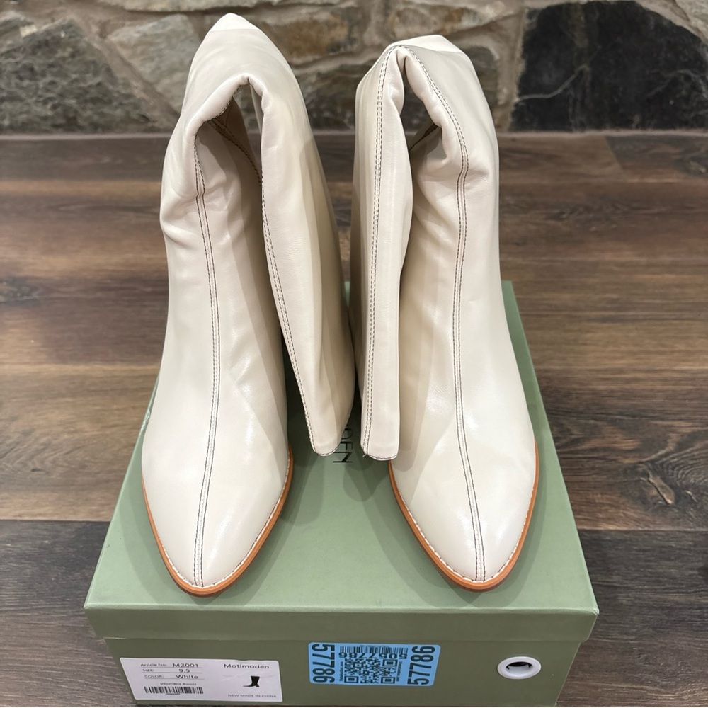 Women's Cream Knee-High Leather Boots - Classic Block Heel - Picture 8 of 11